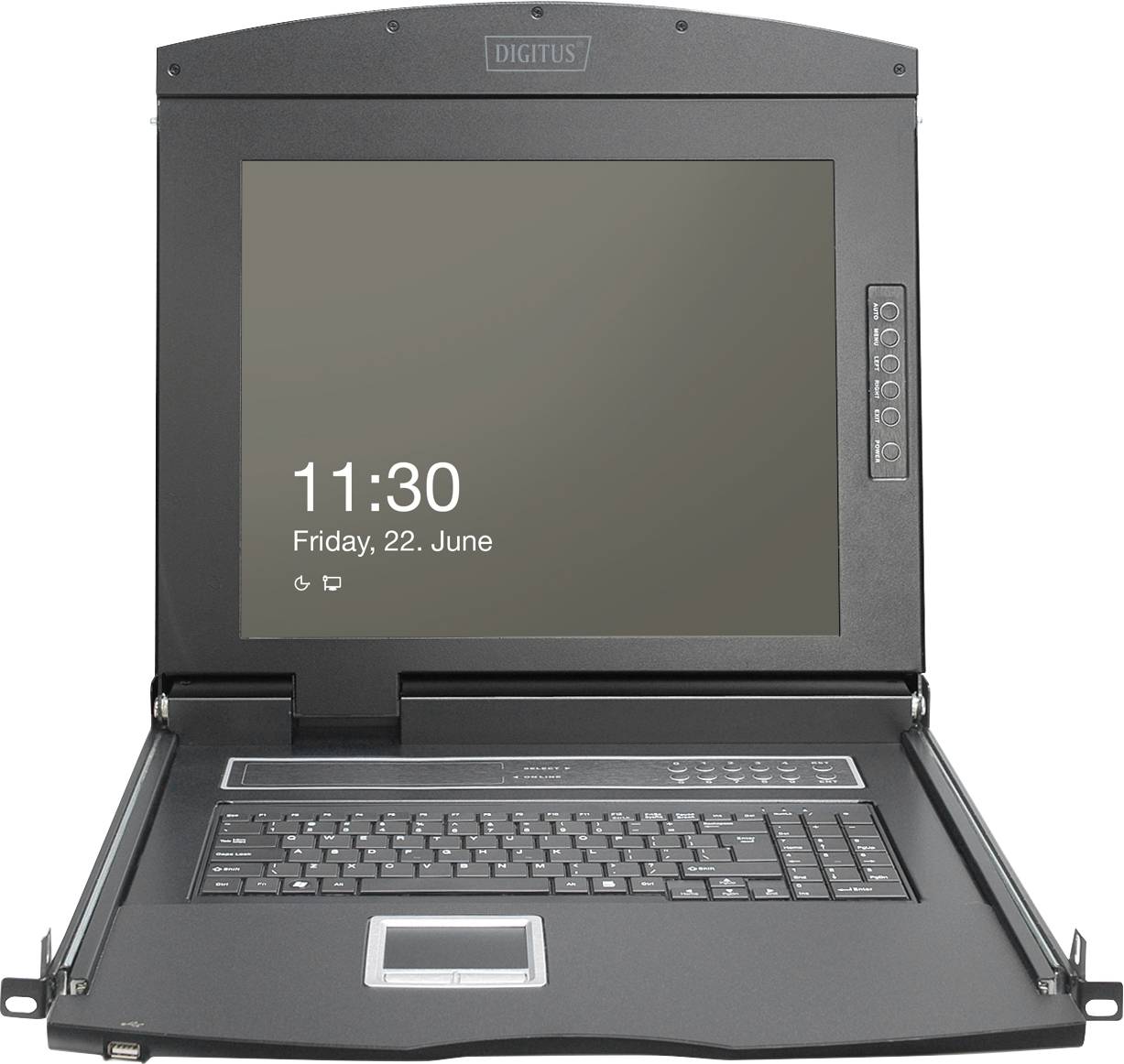 Un commutateur KVM noir avec écran et clavier affiche l'heure 11:30 et la date 'Vendredi, 22 juin'.