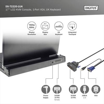 'DS-72220-1UK Console LCD 17" avec clavier UK.' Affiche un écran, différentes connexions (D-SUB, USB, VGA) et alimentation électrique.