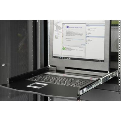 Un écran de serveur extrait dans un rack affiche Windows Server 2016 avec la gestion système ouverte et un message d'avertissement.