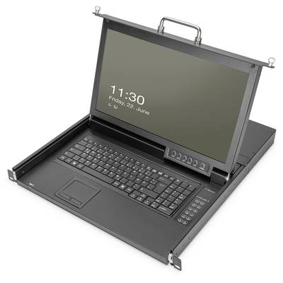 Appareil noir ressemblant à un ordinateur portable avec écran, clavier et pavé numérique. L'affichage montre l'heure et la date : « 11:30, vendredi, 22 juin ».