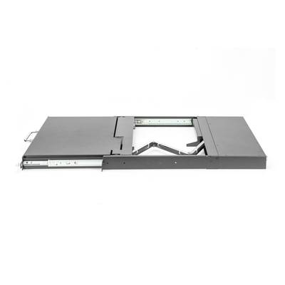 Une table métallique extensible en position repliée, vue de côté, prête à être déployée.