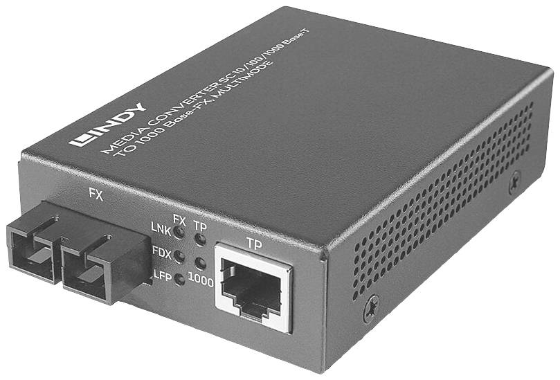 'Un convertisseur de média Lindy avec des ports pour fibre optique (FX) et Ethernet (TP). Compatible avec les réseaux 10/100/1000 Mbit/s.'