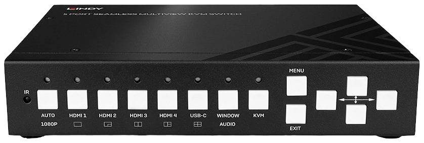 Un commutateur KVM noir avec plusieurs boutons sur le devant pour la sélection HDMI, USB-C et audio, ainsi qu'un bouton de menu et de sortie.