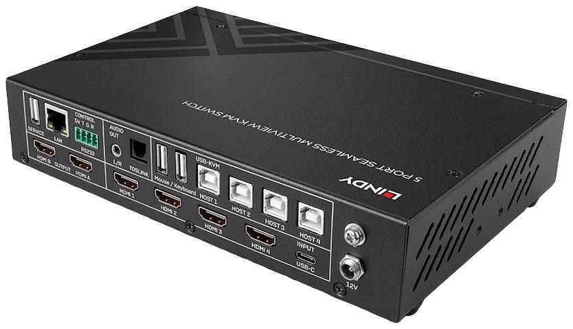 Un commutateur HDMI à 5 ports avec touches de commande et connexions pour entrée et sortie HDMI, port USB et connexion réseau de Lindy.