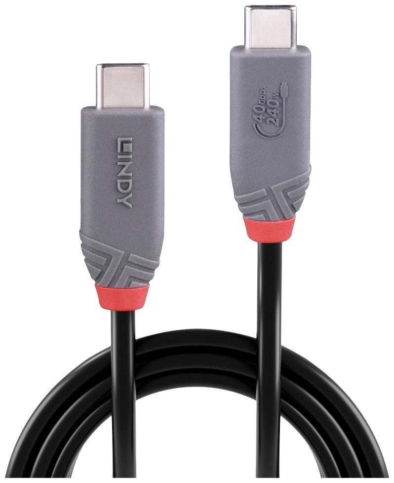 Câble USB-C avec fiches grises et détails rouges, adapté pour une puissance de 240W et un transfert de données à 40 Gbps.