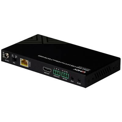 Appareil réseau noir avec sortie HDMI, ports audio et connexion Ethernet à l'avant, adapté pour la transmission audio et vidéo.