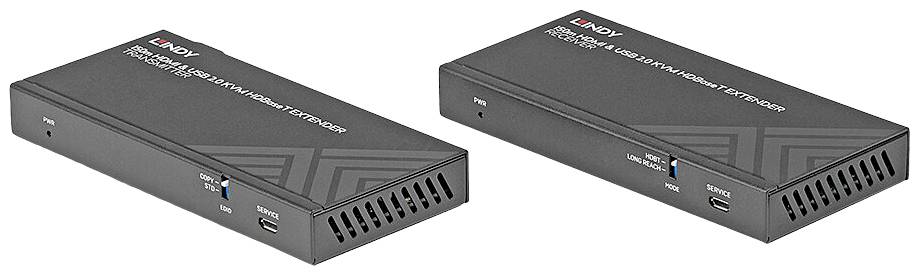 Deux rallonges HDMI noires avec des ouvertures de ventilation et des ports USB, conçues pour transmettre des signaux audio et vidéo 4K sur une longue distance.