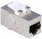 Un connecteur modulaire Cat5e de style métallique avec un capuchon blanc, adapté pour une utilisation dans les réseaux Ethernet.