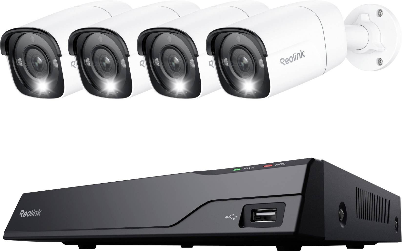 Quatre caméras de sécurité Reolink et un système DVR, indiquant un dispositif de surveillance destiné à surveiller et enregistrer des zones à des fins de sécurité.