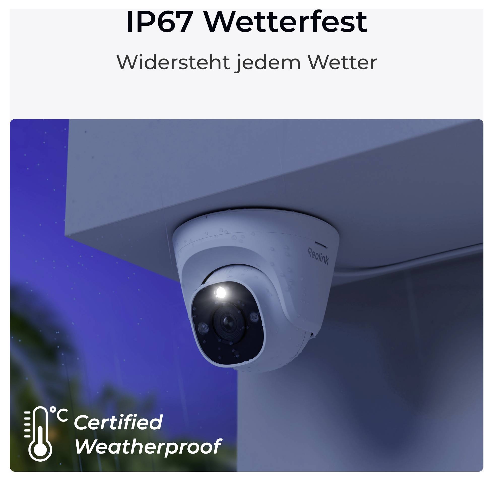 Une caméra de surveillance étanche montée sous une structure extérieure, étiquetée « IP67 Résistant aux intempéries », indiquant sa résistance à diverses conditions météorologiques.