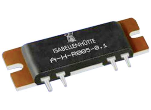 Résistance électronique de la marque Isabellenhütte, modèle A-H-R005-0.1, avec quatre broches métalliques pour le montage sur circuit imprimé.