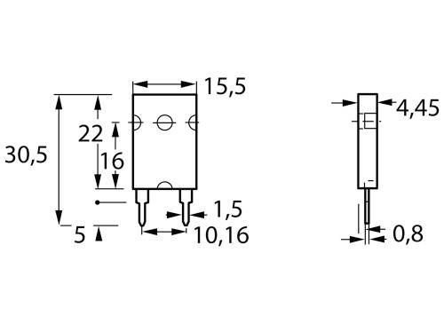 Dessin technique d'un composant électronique avec des dimensions détaillées en millimètres. Les vues de face et de côté sont représentées.