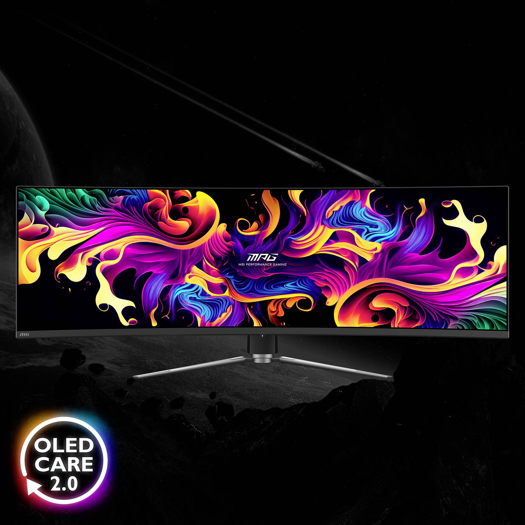 Un écran OLED riche en couleurs affiche des motifs tourbillonnants abstraits dans des teintes vives, avec le logo de MPG en dessous.