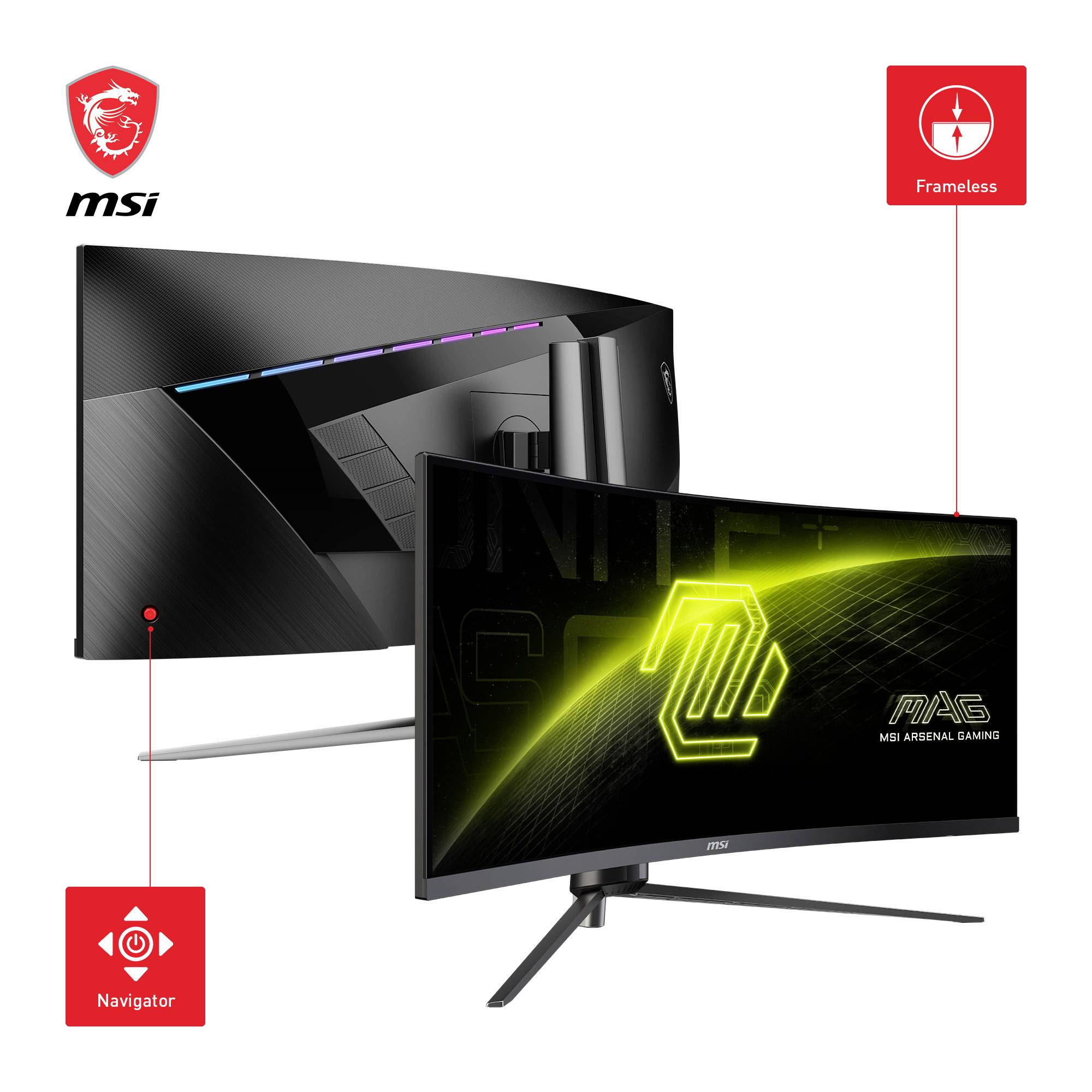Un écran gaming MSI incurvé affiche une interface futuriste à l'écran, avec les fonctionnalités mises en évidence 'Navigator' et 'Frameless'.