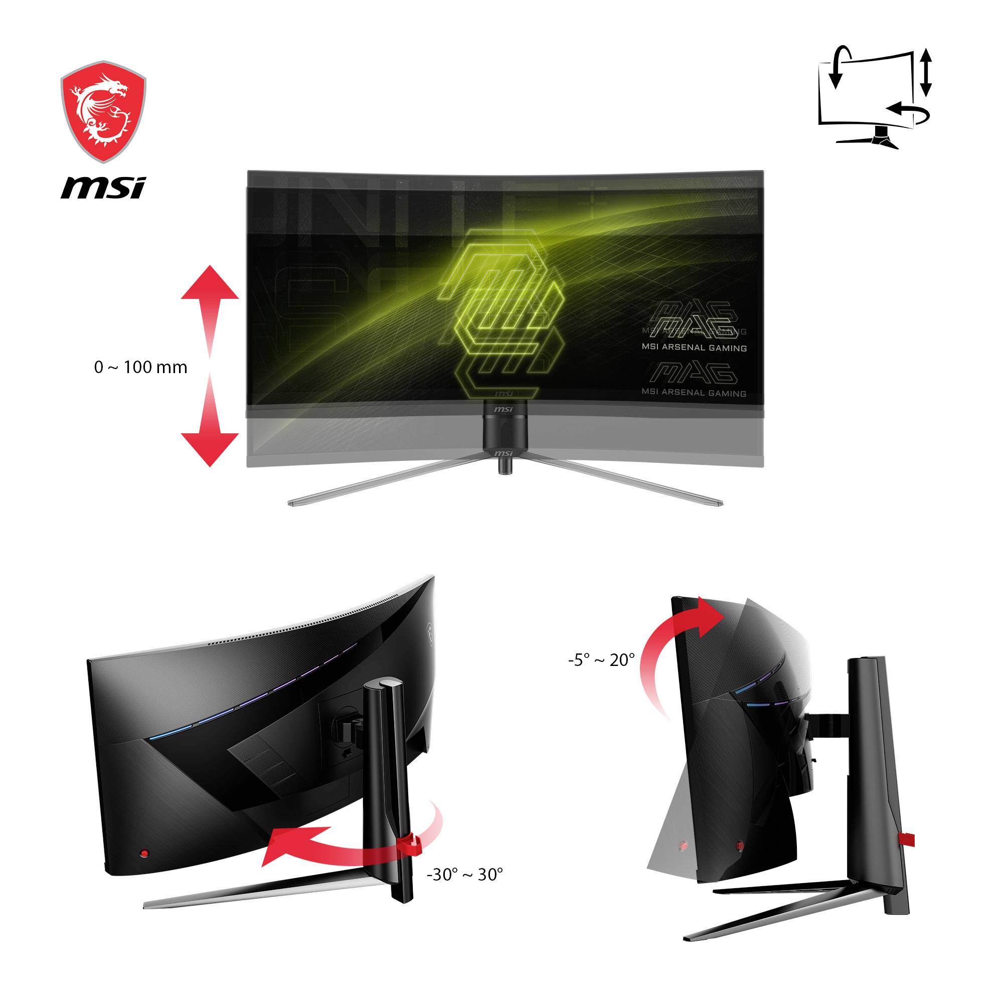 Un moniteur gaming MSI incurvé présente un réglage en hauteur (0-100 mm), une inclinaison latérale (-30° à 30°) et une rotation verticale (-5° à 20°).