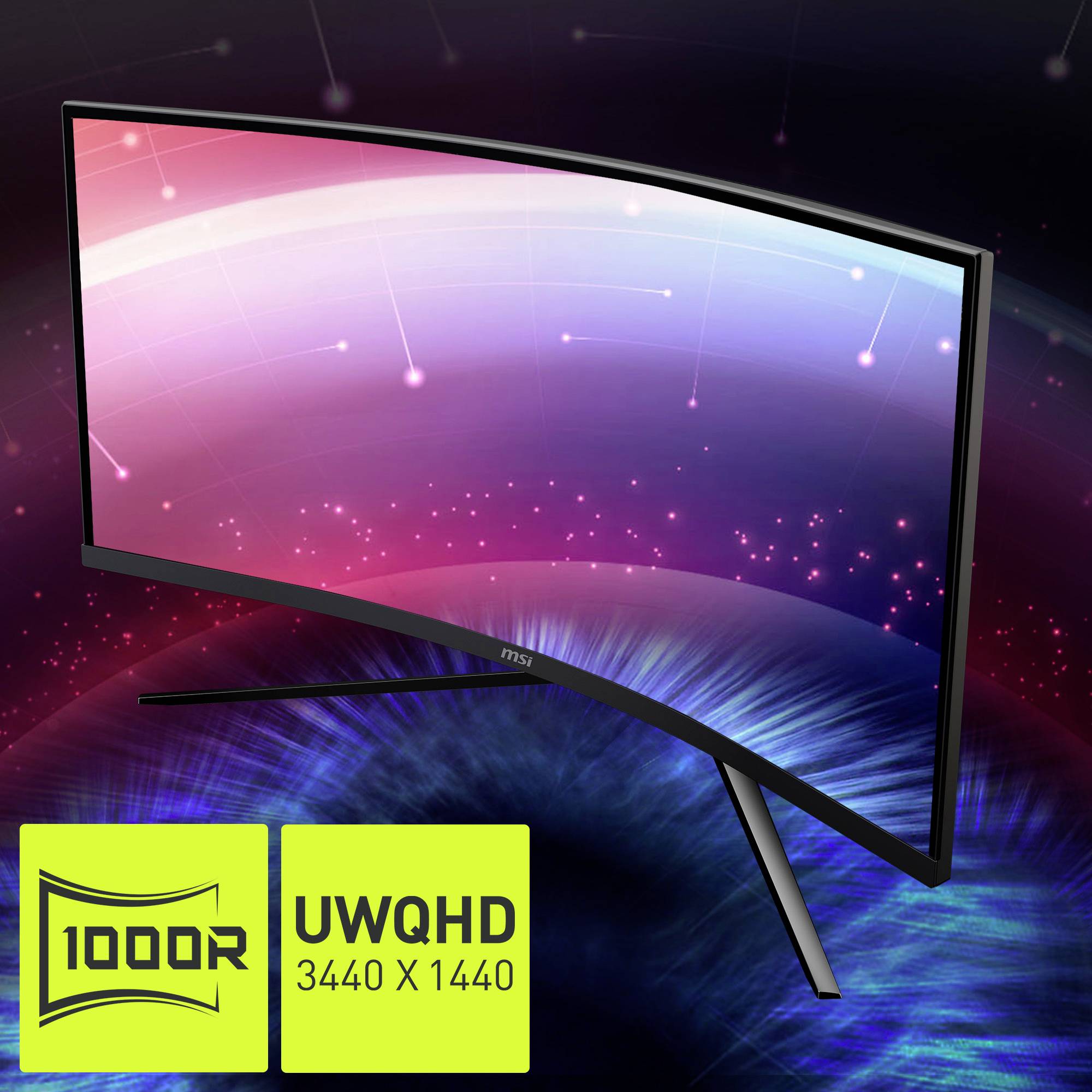 Un moniteur incurvé avec une résolution UWQHD (3440 x 1440) et une courbure de 1000R, devant un arrière-plan cosmique lumineux.
