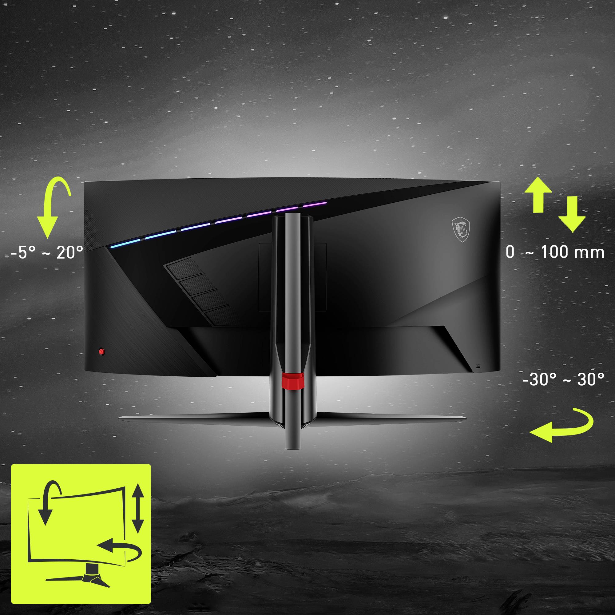 Arrière d'un écran d'ordinateur avec réglage en hauteur (0-100 mm) et inclinaison (-5° à 20°), pivotant de -30° à 30°.