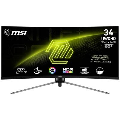 Moniteur gaming MSI avec écran incurvé de 34 pouces, résolution 3440 x 1440, 180 Hz, temps de réponse de 1 ms, RGB, compatible HDR, courbure 1000R.