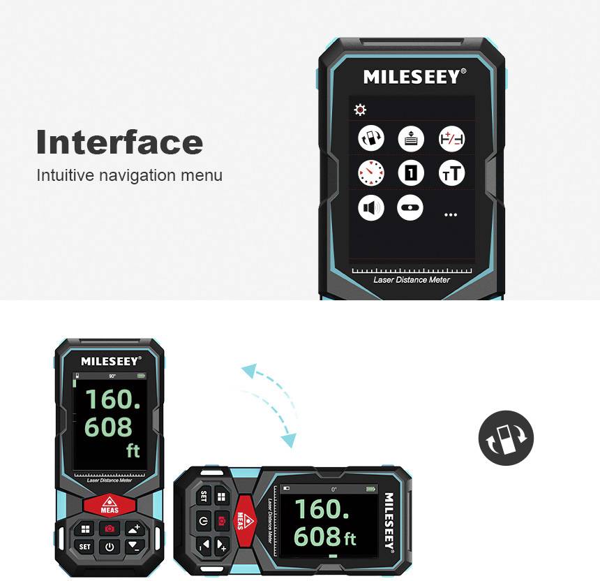 Un télémètre laser avec affichage numérique indique '160,68 ft'. L'appareil dispose d'une interface utilisateur intuitive avec divers symboles de navigation.