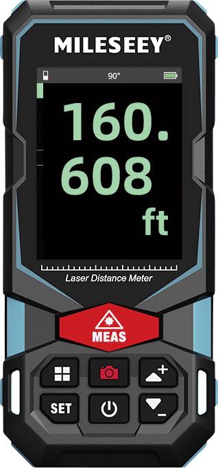Dispositif électronique de mesure de distance laser affiche '160,608 pi' sur l'écran. Touches de commande en dessous.