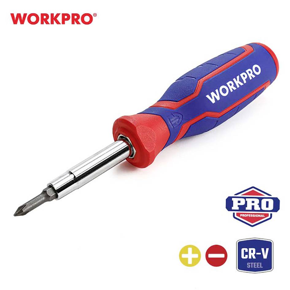 Tournevis à poignée ergonomique, conçu en rouge et bleu, nom de marque 'WORKPRO'. Symboles Plus et Moins ainsi que 'CR-V Steel' mis en évidence.