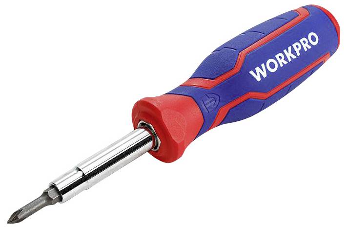 Tournevis multifonction à manche bleu et rouge, avec embout métallique argenté et logo 'WORKPRO'.