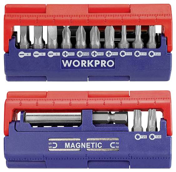 Lot de mèches avec support magnétique, 15 embouts comprenant Phillips, Torx et plat. Répartition des couleurs : rouge et bleu.