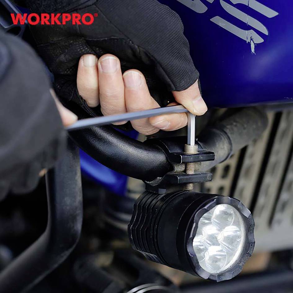 Une personne visse des pièces sur un bloc moteur de voiture à l'aide d'outils, maintenant fermement les composants. Le logo 'WORKPRO' est situé en haut à gauche.