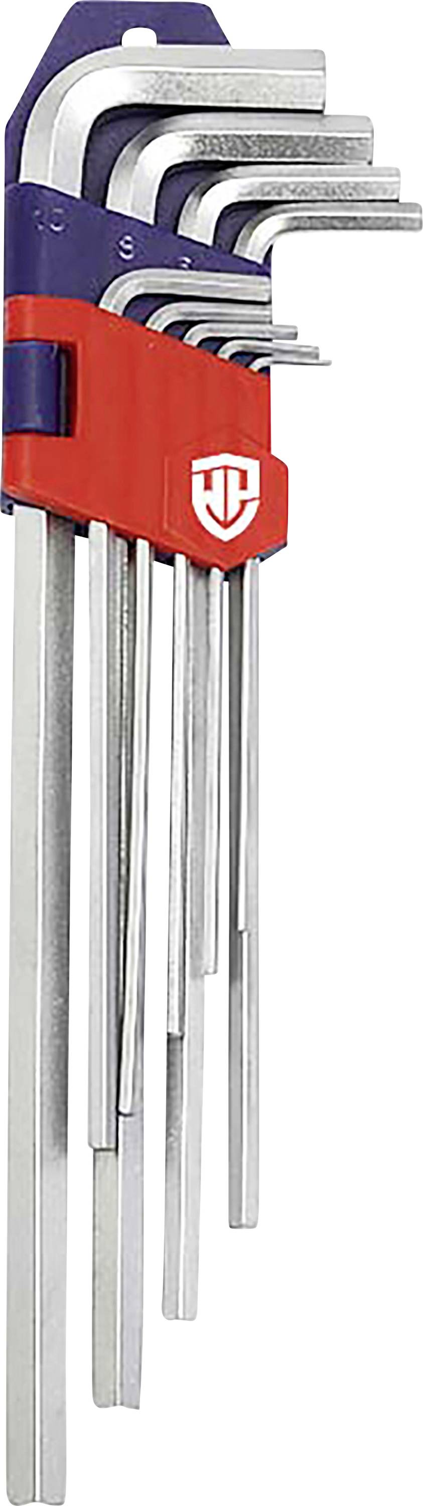 Un ensemble de neuf clés Allen de différentes tailles dans un support rouge. Idéal pour les projets de bricolage et le montage de meubles.