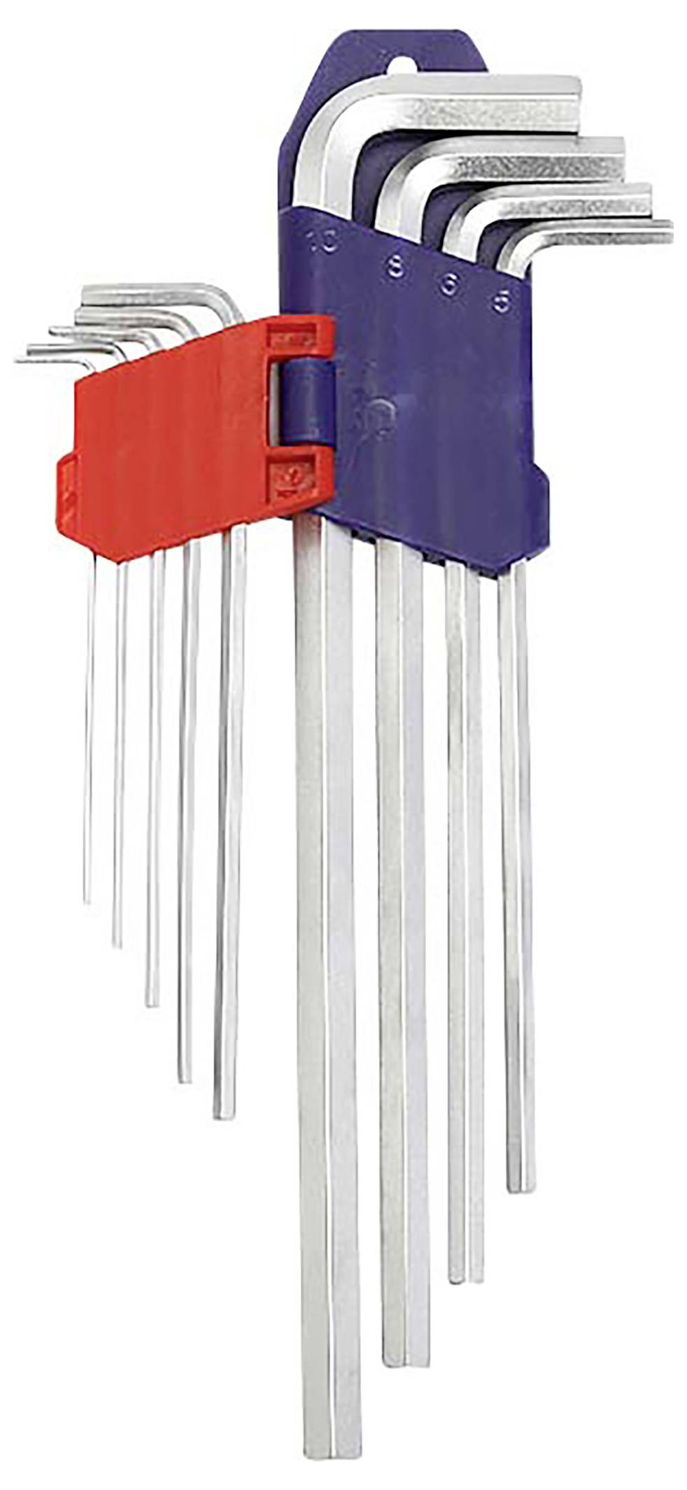 Ensemble de clés hexagonales métalliques de différentes tailles dans des supports rouges et bleus pour l'organisation des outils.