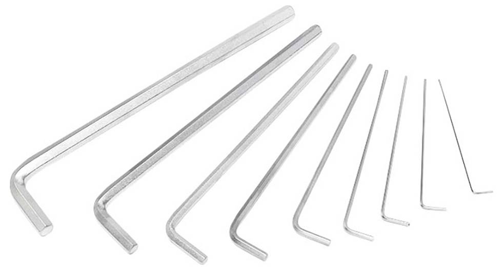 Jeu de neuf clés Allen de différentes tailles, disposées du plus petit au plus grand.