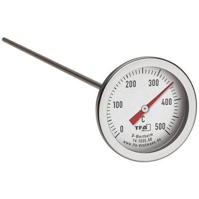Un thermomètre analogique indique une température d'environ 50 degrés Celsius. Il possède une longue tige et une échelle allant de 0 à 500 degrés Celsius.