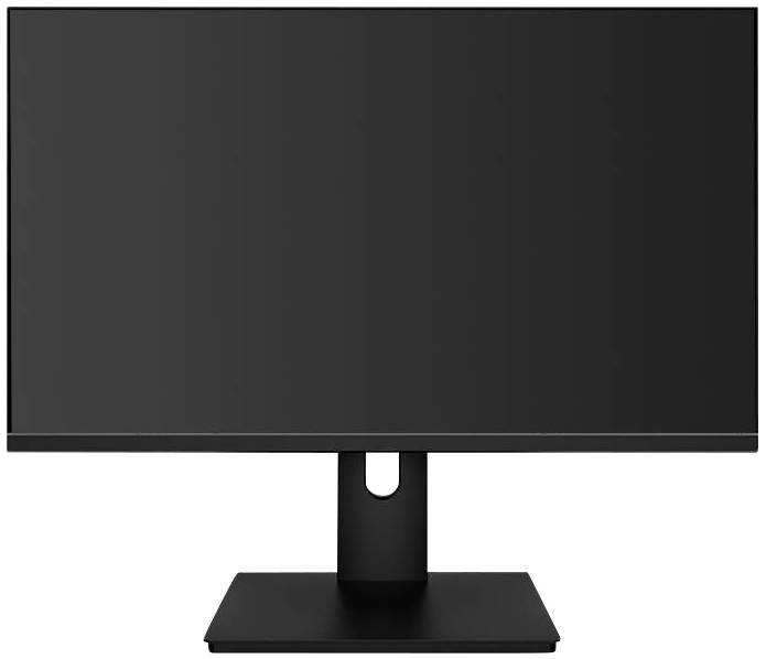 Un écran d'ordinateur noir avec un cadre fin et un socle rectangulaire. L'écran n'affiche aucun contenu visible.