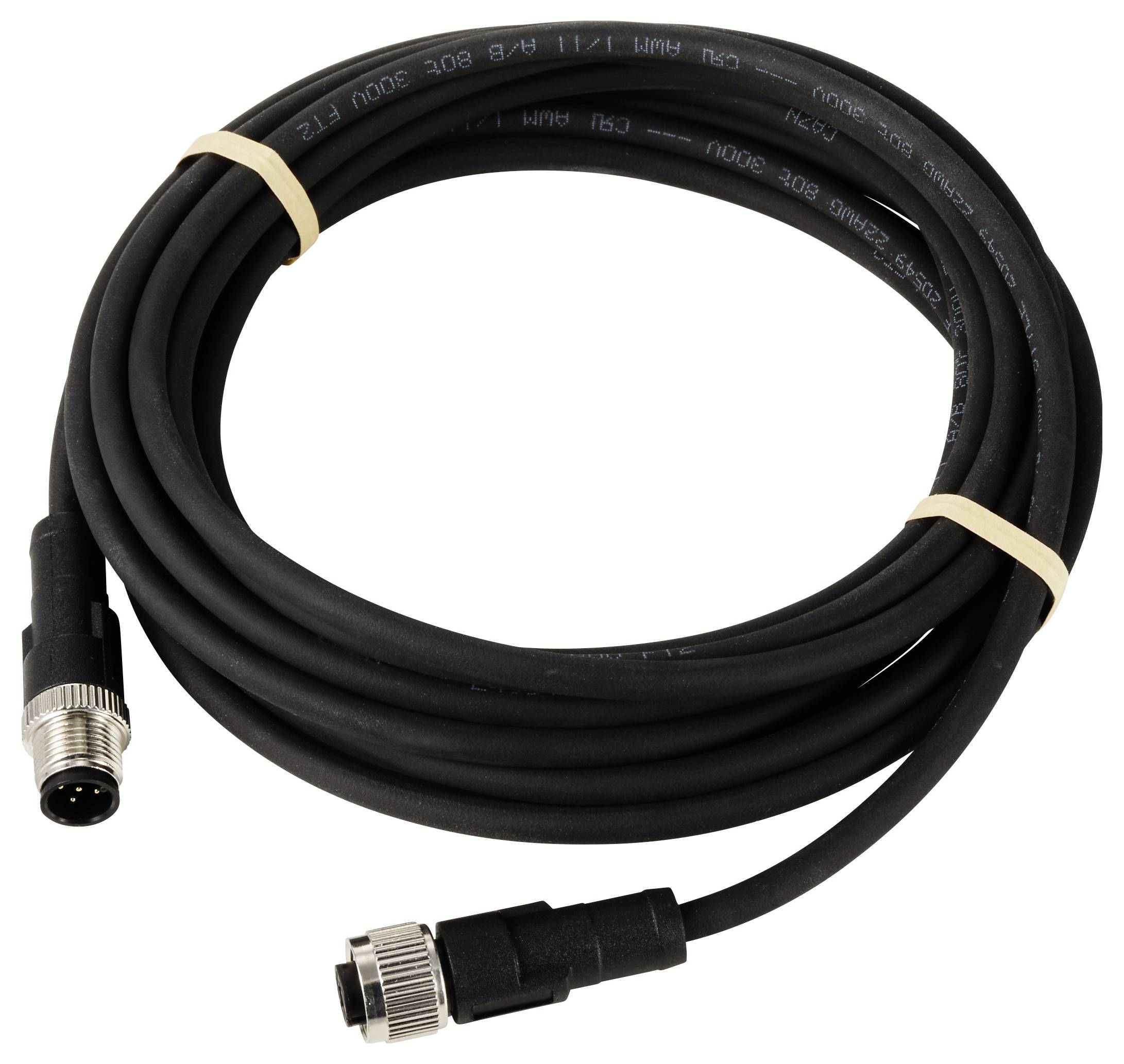 Un câble noir enroulé avec une fiche à chaque extrémité, adapté pour les connexions ou l'alimentation électrique.