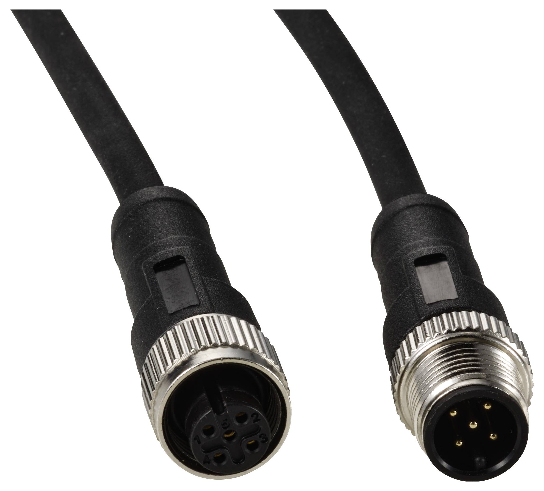Connecteurs M8 câblés en noir ; à gauche la prise femelle à 4 trous, à droite la fiche mâle à 4 broches, bagues argentées.