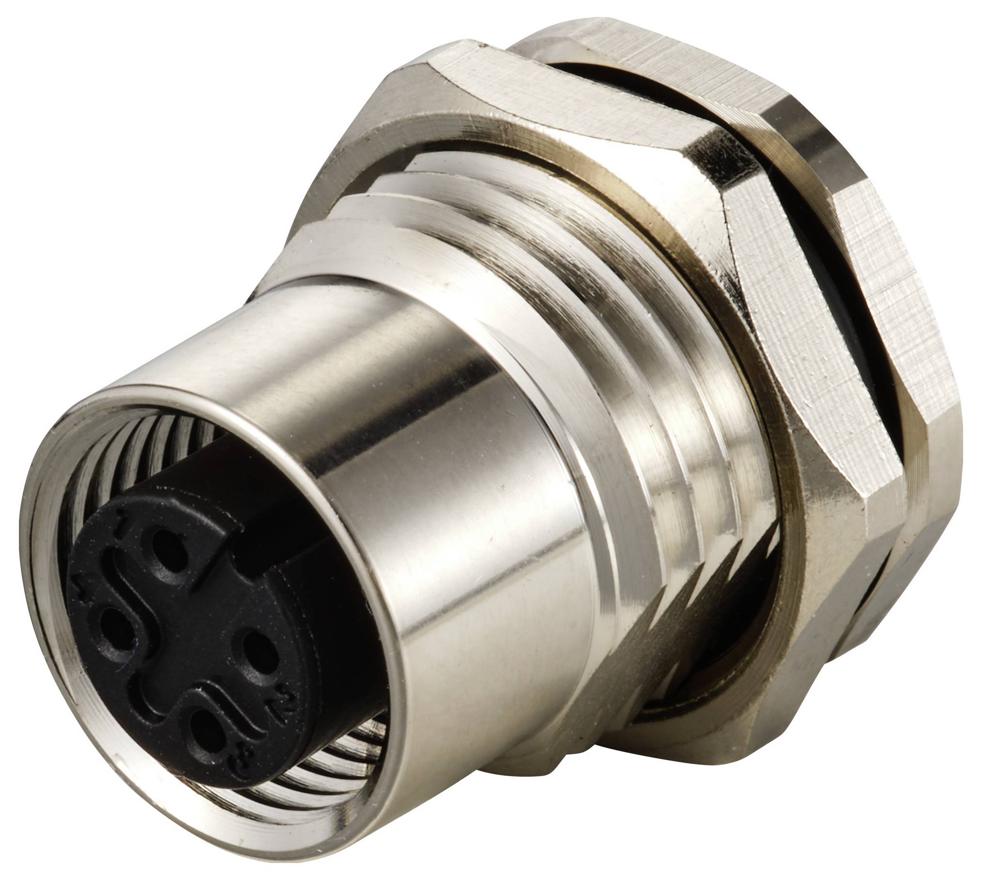 Un connecteur métallique avec quatre emplacements noirs, caractérisé par un boîtier robuste et strié pour des applications industrielles.