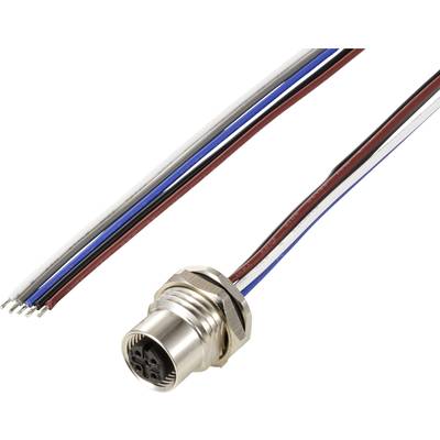 Un connecteur rond argenté avec plusieurs fils de couleur se terminant en blanc, bleu, rouge et noir. Adapté pour les connexions électriques.