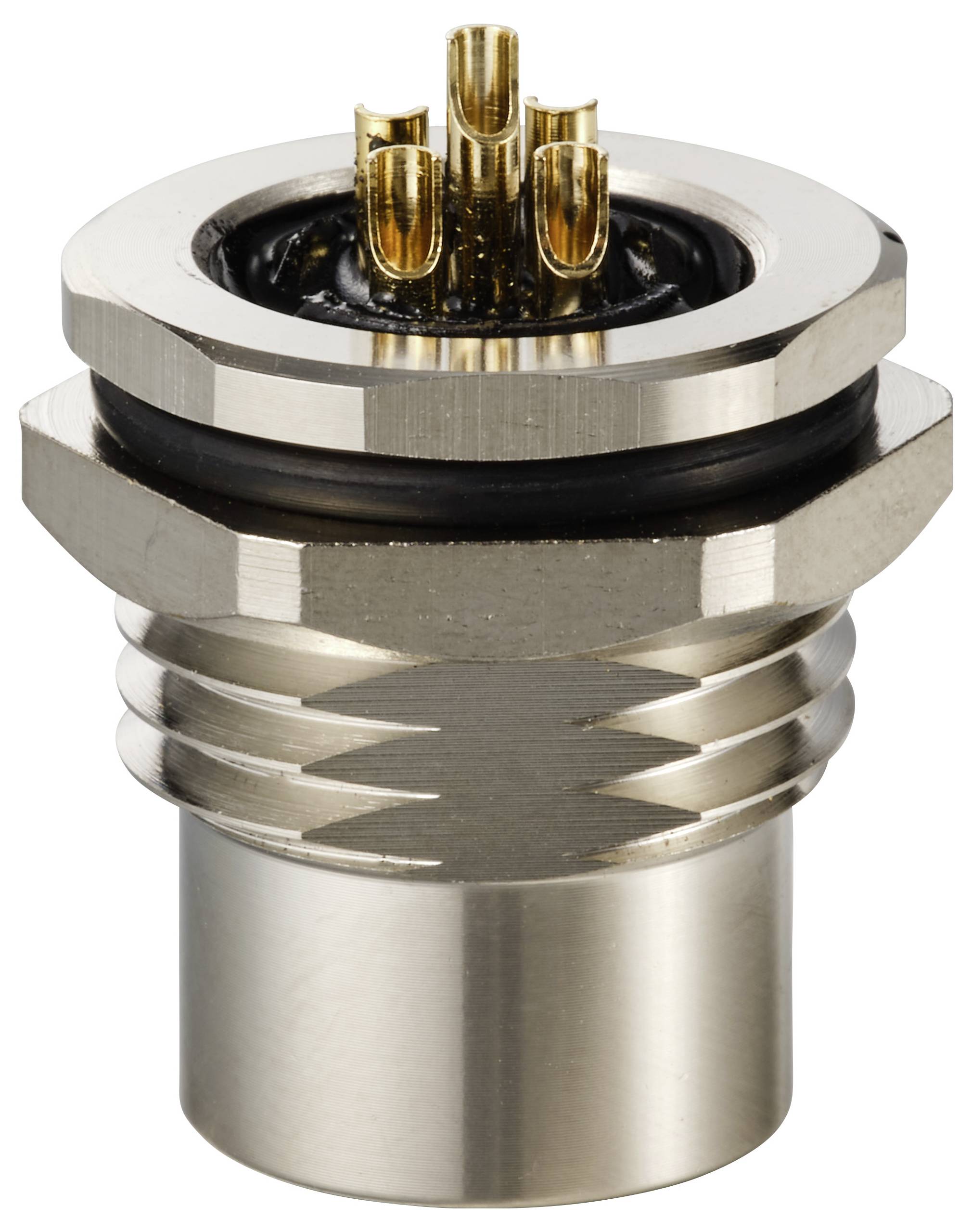 Connecteur électrique avec boîtier métallique et plusieurs broches dorées, adapté aux applications industrielles.