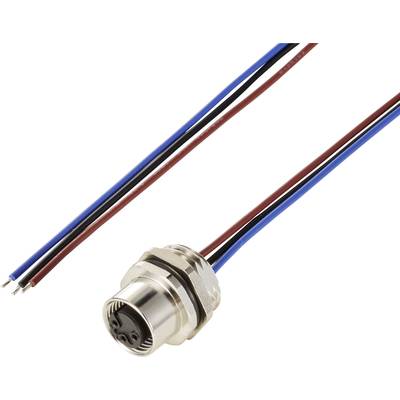 Connecteur métallique avec cinq broches de connexion et câbles codés par couleur (noir, bleu, rouge). Adapté pour les connexions électroniques.