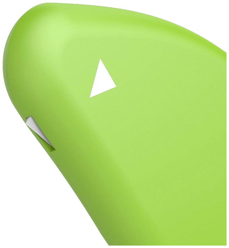Une chaise verte, à la forme ergonomique, aux lignes épurées et au design moderne, ornée de deux petits triangles blancs en guise d'accents.