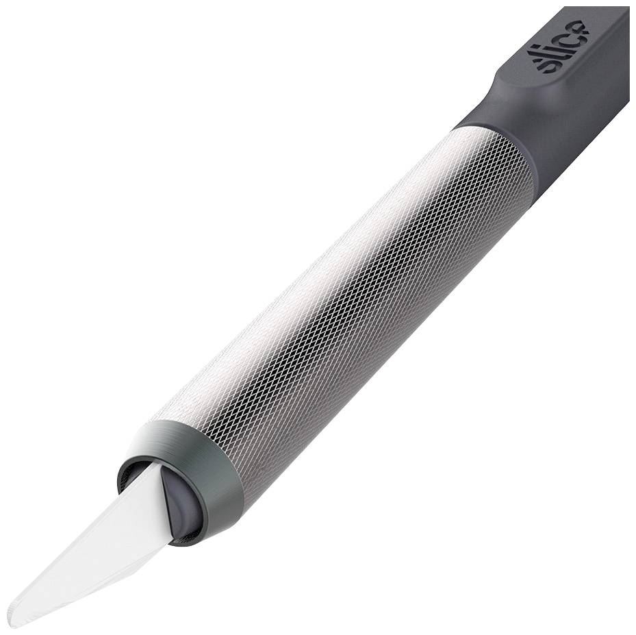 Un stylo argenté, cylindrique, avec un embout biseauté et mat, adapté aux travaux de coupe précis.