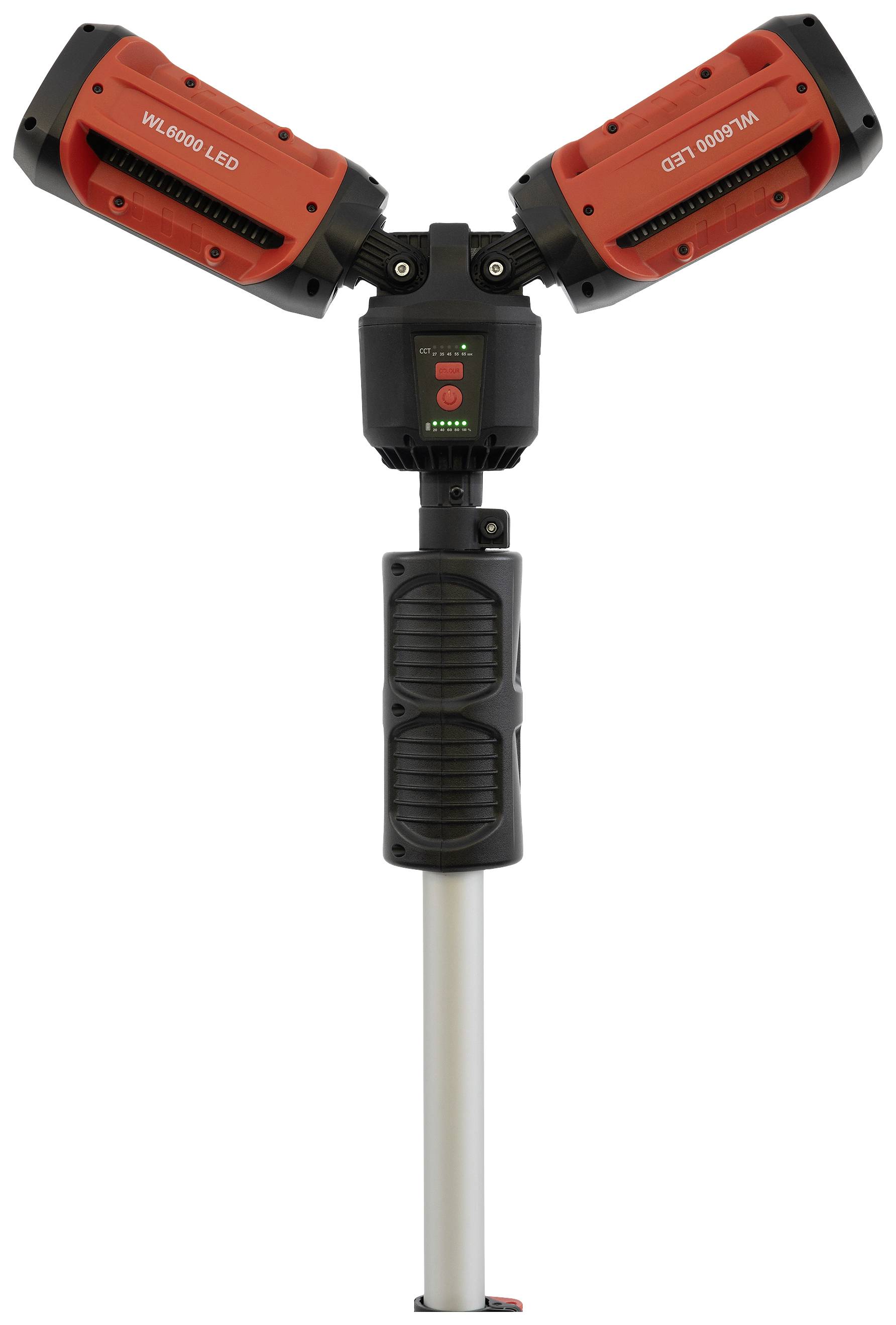 Deux projecteurs LED pliables en rouge et noir sur un support stable. Les lampes sont disposées symétriquement et servent à l'éclairage.