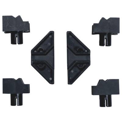 Cinq pièces d'accessoires en plastique noir de formes différentes, disposées symétriquement sur un fond blanc.