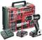 Un ensemble de visseuse-perceuse Metabo avec perceuse verte, boîte à outils rouge, batteries et chargeur ; adapté pour percer et visser.