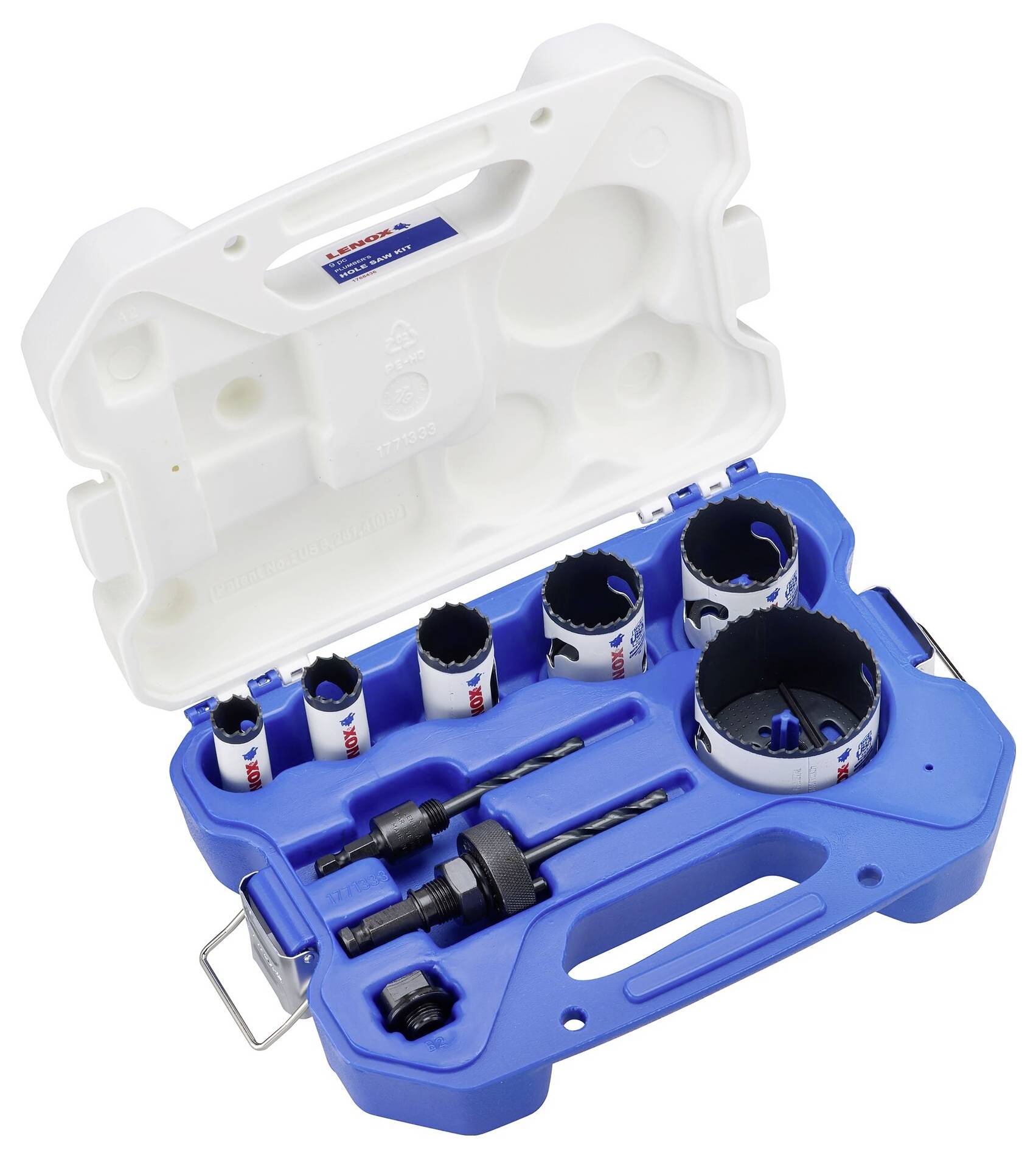 Une valise ouverte présente un ensemble de scies-cloches avec plusieurs tailles. Le set comprend des embouts et deux forets, le tout dans un conteneur en plastique bleu.