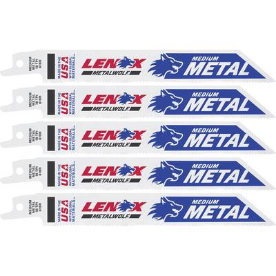 Lames de scie sabre de la marque LENX METALWOLF, adaptées pour les coupes de métal, cinq pièces par rangée, design bleu-blanc-rouge.