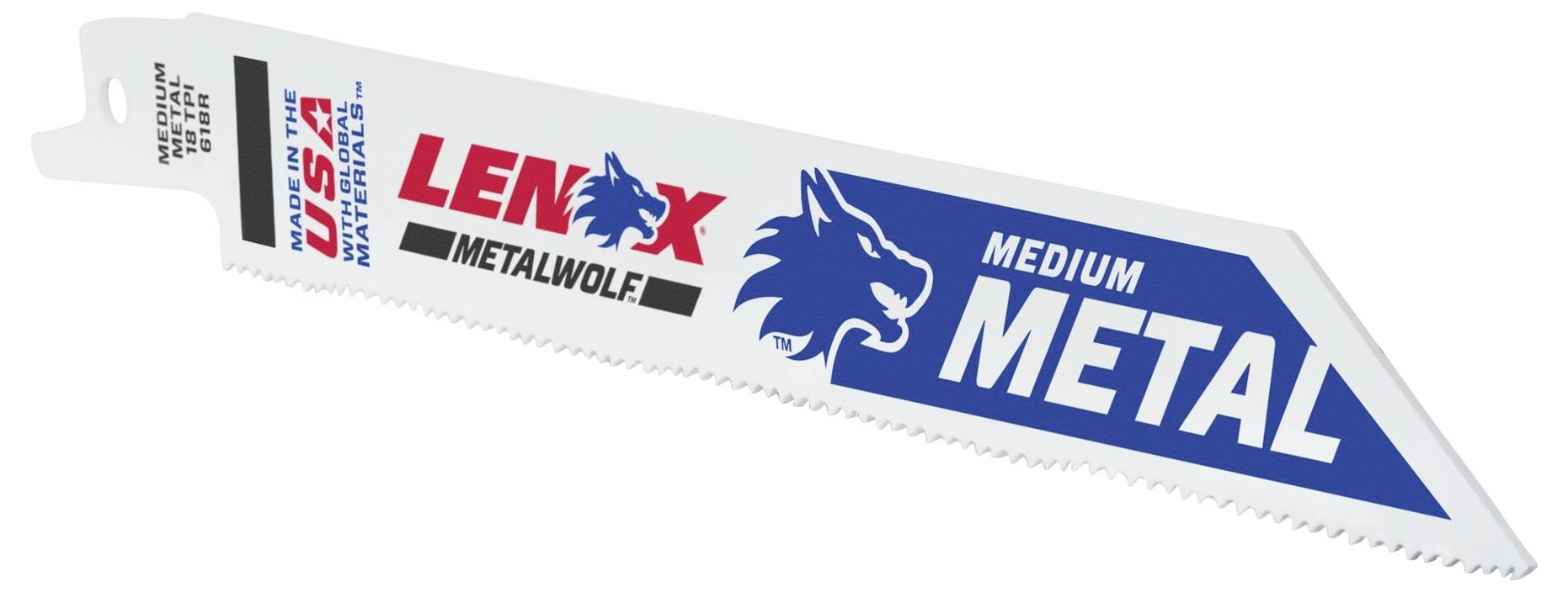 Une lame de scie à denture en acier blanc portant l'inscription bleue 'MEDIUM METAL' et 'LENOX METALWOLF', adaptée pour les métaux de taille moyenne.