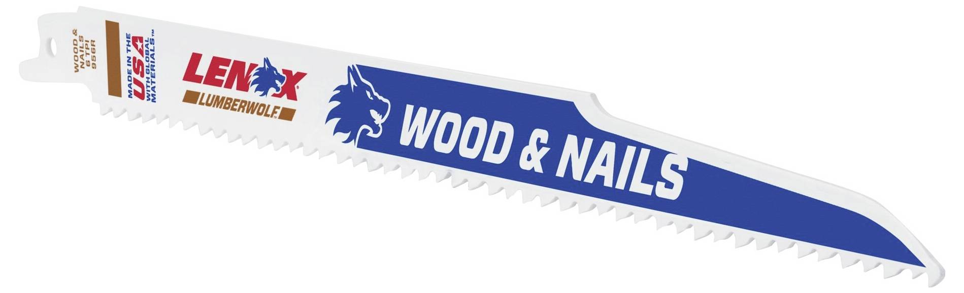 Lame de scie sabre Lenox, spécialement conçue pour le bois et les clous, portant l'étiquette 'Wood & Nails', blanche avec des détails bleus et le logo du lion.