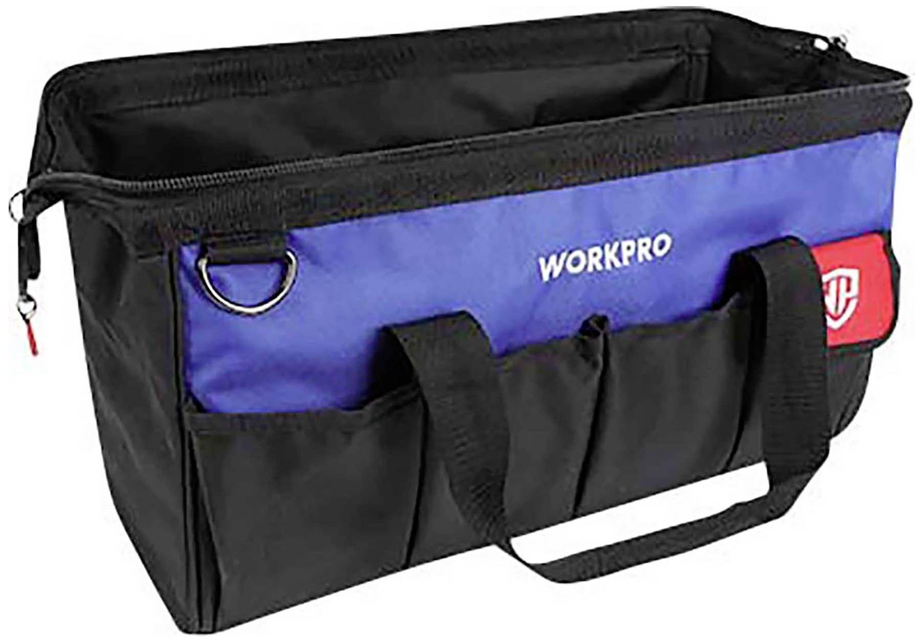Sac à outils noir et bleu avec des touches rouges, deux poignées de transport et plusieurs compartiments, marqué 'WORKPRO'.