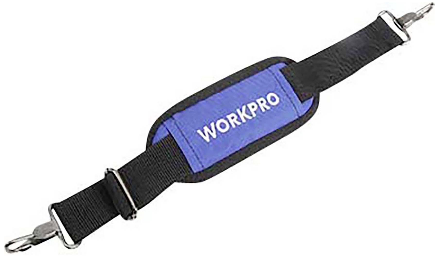 Une bandoulière bleue et noire portant l'inscription 'WORKPRO' au centre. Des crochets métalliques sont fixés à chacune de ses extrémités.